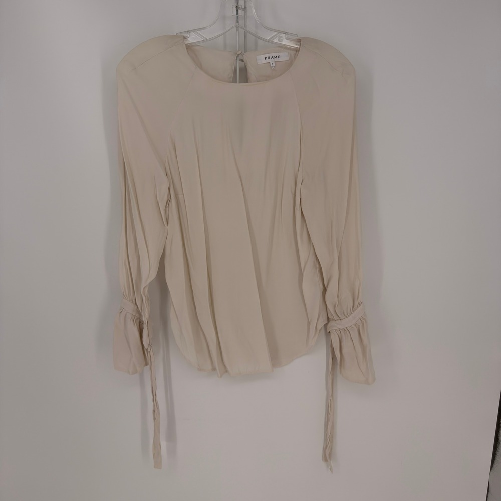 Frame Silk Blouse Womens S Blanc Cream Tie Cuff Keyhole Back Minimalist Elegant